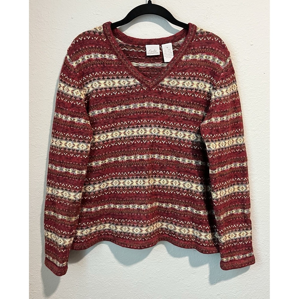 Vintage 90's Fiorlini International Women's Sweater Size Med Red Striped V-Neck